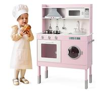 GOPLUS Cuisine Enfant, Jouet de Cuisine avec Effect Sonore et Lumière, Dinette Enfant d'Imitation Réglable en Hauteur avec 16 Accessoires, Horloge, Rangement, pour Garçons Filles 3 Ans+, Rose