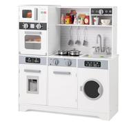 GOPLUS Cuisine Enfant, Jouet de Cuisine en Bois avec Effect Sons et Lumières, Robinet Rotatif, Micro-Ondes, Cafetière, Machine à Laver, Ustensiles, Rangement Inclus, Cadeau pour Enfant 3+ Ans