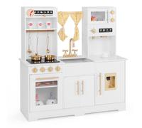 GOPLUS Cuisine Enfant, Kit de Cuisine à Jouer avec Effets Sons et Lumières, Cafetière, Four, Evier, Micro-Ondes, Ustensiles et Accessoires Riches, Cuisine de Jeu en Bois pour Enfant 3+ Ans (Blanc)
