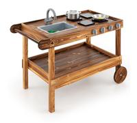 GOPLUS Cuisine Extérieur Enfant avec Roues, Jouet de Cuisine en Bois de Sapin avec Robinet Rotatif et Evier Amovible, Cuisinière et Boutons Réalistes, Chariot de Cuisine 2 Niveaux pour 3+ Ans