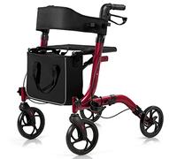 GOPLUS Deambulateur Pliable Leger 4 Roues en Aluminium, Déambulateur d'Intérieur Réglable en Hauteur, Rollator avec Siège, 2 Freins, Ceinture Dorsale, Sac Rangement, pour Personnes Âgées (Rouge)