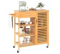 GOPLUS Deseerte à Roulette Cuisine en Bambou, Chariote de Cuisine avec 3 Étagères Ouvertes, 1 Tiroir et 2 Portes, Porte Serviette, Grand Plateau, pour Salon, Cuisine (1 Porte)