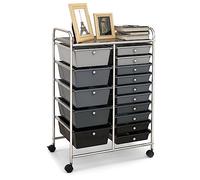 GOPLUS Desserte à roulettes avec 15 Tiroirs en Plastique Coulissant, Cadre Fer Argent, 63x37x87CM, Chariot de Rangement à roulettes, 2 avec Frein, Poignée Latéral, pour Chambre, Bureau (Noir Dégradé)