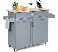 GOPLUS Desserte à roulettes avec Plan de Travail en Bois, 116x40x85CM, Desserte Cuisine avec Armoire à Étagère 2 Niveaux Réglables et Tiroir, Chariot de Service avec Porte-Serviettes Latéral, Cuisine