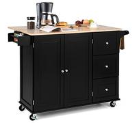 GOPLUS Desserte à roulettes Cuisine, Plateau Pliable en Bois Caoutchouc, Placard avec 3 Étagères Réglables et 3 Tiroirs, Support à Épices, Porte-Serviettes, 136 x 76 x 91CM, Noir