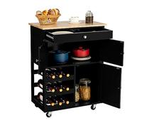 GOPLUS Desserte de Cuisine à roulettes, Chariot de Cuisine en Bois avec Casiers à Vin 3 Niveaux pour 9 Bouteilles, Tiroir et 2 Placards, 67 x 37 x 86 CM Noir