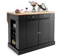 GOPLUS Desserte de Cuisine, Plateau en Bois Caoutchouc Pliable, îlot Central Cuisine avec Placard Étagères Réglables et Tiroirs, Compartiments Latéraux, 120x91x92CM, Noir