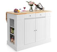 GOPLUS Desserte de Cuisine, Plateau en Bois Caoutchouc Pliable, îlot Central Cuisine avec Placard Étagères Réglables et Tiroirs, Compartiments Latéraux, 120x91x92CM, Blanc