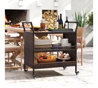 GOPLUS Desserte Exterieur Plancha à 3 Niveaux, Chariot Barbecue Jardin Exterieur en Rotin avec roulettes Verrouillables, Étagères Ouvertes, Poignées Latérales, Jardin, Porche, 86 x 50 x 89 cm