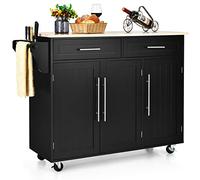 GOPLUS Desserte Îlot de Cuisine Desserte à roulettes Chariot de Cuisine en Bois avec 2 Placards Étagère 2 Niveaux Réglables et 2 Tiroirs, Porte-Serviettes, 122 x 46 x 93 CM, Noir