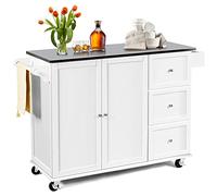 GOPLUS Desserte Îlot de Cuisine Desserte à roulettes en Bois Placard Étagère 3 Niveaux Réglables et 3 Tiroirs, Plateau en Acier Inoxydable, Support à Épices, Porte-Serviettes, 135 x 45,5 x 91,5 CM