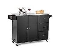 GOPLUS Desserte Îlot de Cuisine Desserte à roulettes en Bois Placard Étagère 3 Niveaux Réglables et 3 Tiroirs, Plateau en Acier Inoxydable, Support à Épices, Porte-Serviettes, 135x45,5x91,5CM, Noir