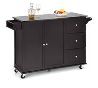 GOPLUS Desserte Îlot de Cuisine Desserte à roulettes en Bois Placard Étagère 3 Niveaux Réglables et 3 Tiroirs, Plateau en Acier Inoxydable, Support à Épices, Porte-Serviettes, 135 x 45,5 x 91,5 CM