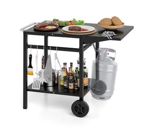 GOPLUS Desserte Jardin Chariot de Barbecue avec 2 Roues, Desserte Extérieur pour Barbecue, Plancha avec Plateau Pliant, 4 Crochets Métalliques,96,5x64x75cm, Noir