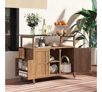 GOPLUS Desserte Jardin Plancha Barbecue, Desserte Cuisine en Bois avec 3 Étagères, 2 Plateaux, Armoire à Porte, Porte-Serviettes & Porte-Épices, Charge 90 KG, pour Jardin, BBQ