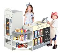 GOPLUS Ensemble de Jeu de Supermarché en Bois Autoportant pour Enfants, Tableau Noir, Caisse Enregistreuse, Distributeur Automatique, Accessoires,Jeu d’Épicerie pour Enfants 3 + Ans (Gris)
