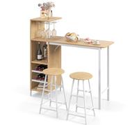 GOPLUS Ensemble Table de Bar et Tabourets 3 Pièces,Table Bistro avec Porte-Verres et Étagères, Table de Comptoir de Cuisine avec 2 Tabourets pour Maison, Salle à Manger, Restaurant, Bar (Naturel)