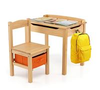 GOPLUS Ensemble Table et Chaise pour Enfant 3 Ans+, Bureau d'Étude pour Tout-Petit avec Planteau Incliné, Ensemble de Table d'Activités en Bois avec Tiroir, Charnière pour Chambre, École (Naturel)