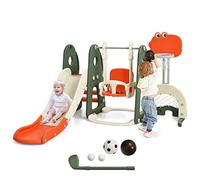 GOPLUS Ensemble Toboggan et Balançoire 6 en 1, avec Panier de Basket Hauteur Réglable&Football&Golf, Motif de Dinosaure,pour 3-8 Ans, Escalade Aire de Jeu Intérieur & Extérieur (Dinosaure Orange)