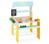 GOPLUS Épicerie pour Enfants, Stand de Marchande en Bois, Étal de Marché Jouet, avec 40 Accessoires, Auvent, Panneau Publicitaire, Jeu d'Imitation pour Garçons et Filles de 3+ Ans