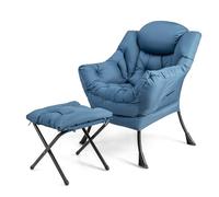 GOPLUS Fauteuil Salon, Chaise Paresseuse avec Repose-Pieds Ottoman Pliant, Pochette Latérale, Chaise Canapé de Loisirs, Style Scandinave, pour Salon, Chambre, Balcon,Charge 150KG+50KG (Bleu Marin)