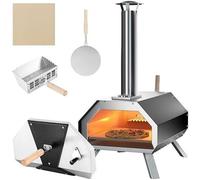 GOPLUS Four à Pizza Pieds Pliables à 3 couches en Acier Inoxydable avec Thermomètre, Plaque à Pizza, pour Fête, Camping