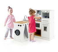 GOPLUS Grande Cuisine Enfant 2 Pièces, Cuisine de Jeu avec Lave-Linge, Machine à Glaçons, Cuisinière, Divers Accessoires, Dinette avec Effets Lumineux et Sonores pour Filles Garçons 3+ Ans (Blanc)