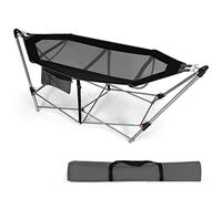 GOPLUS Hamac Pliable Portable avec Poche Latérale, Lit de Camping avec Support Métal et Boucles Anti-basculement, Hamac Camping avec Sac de Transport, pour Rerrasse, Jardin, Cour Charge 150KG(Noir)