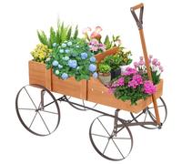 GOPLUS Jardiniere Balcon Forme Brouette avec 4 Roues en Métal, Brouette Decorative en Bois avec 2 Bac de Plantation Séparés avec Trous de Drainage pour Fleur, Charge 15kg, 35×63×62,5 CM (Orange)