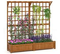 GOPLUS Jardinière Surélevée avec Treillis 183cm en Bois, Trous de Drainage, Toit Suspendu pour Plantes Grimpantes, 2 Bacs pour Fleurs, Herbes Aromatiques, Légumes, pour Intérieur Extérieur (Café)
