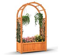 GOPLUS Jardinieres Exterieur en Bois Sapin, Jardiniere Treillis Surélevée en Arc avec Doublure et Système de Drainage, Panneau Amovible pour Vigne Rampante Fleur Légume, Idéal pour Intérieur Extérieur