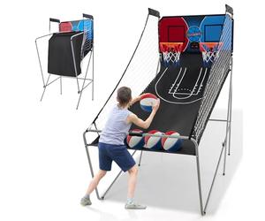 GOPLUS Jeu de Basketball Arcade Pliable, 2 Paniers et 4 Ballons, 8 Modes de Jeux, Capteur Électrique, LED Score, 4 Boutons de Fonctionnement, 207 x 108 x 205CM (Rouge+Bleu)