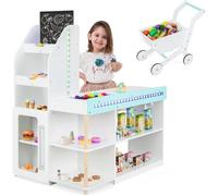 GOPLUS Jeu de Supermarché en bois Jeu Interactif pour Enfants3+Ans avec Chariot de Courses Tableau Noir Caisse Enregistreuse
