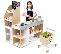 GOPLUS Jouet de Supermarché en Bois pour Enfant avec Chariot de Courses | Jeu de Marchande avec Lecteur de Carte, Carte Bancaire, Caisse Enregistreuse, Tableau Noir, pour Garçon Fille 3+