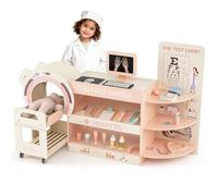 GOPLUS Jouet Docteur Enfant en Bois, Centre Médical Éducatif Montessori avec Machine CT, Tableau de Vision & Films Interchangeables, Kit de Médecin avec Accessoires pour 3+ Ans (Rose)