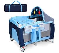 GOPLUS Lit Bébé 3 en 1, Berceau Cododo Bébé 0-3 Ans avec Moustiquaire,Lit d’Enfant avec roulettes, Lit Parapluie Bébé Pliant avec Table à Langer, Berceau Bébé avec Jouets Suspendus,120x60x76CM (Bleu)