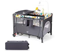 GOPLUS Lit Bébé, 5 en 1 Lit Parapluie Pliable et Portable avec Table à Langer, Fonction de Berceau, d'Enceinte d'Activités, Berceau Cododo Bébé Réglable en Hauteur avec Roues Mobiles, Jouets (Gris)