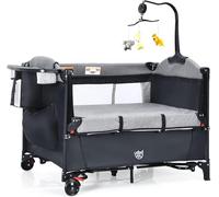 GOPLUS Lit Bébé, 5 en 1 Lit Parapluie Pliable et Portable avec Table à Langer, Fonction de Berceau, d'Enceinte d'Activités, Berceau Cododo Bébé Réglable en Hauteur avec Roues Mobiles, Jouets (Noir)