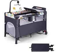 GOPLUS Lit Bébé 5 en 1 Pliable et Portable avec Table à Langer, Fonction de Berceau, d'Enceinte d'Activités,78L x 125l x 65Hcm,Gris