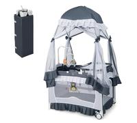 GOPLUS Lit Bebe, Lit Parapluie Bébé avec Moustiquaire Légère, Jouets, Roues avec Frein, Boîte à Musique, Table à Langer, Sac sur Côté, 4 en 1 Lit pour Bébé 0 à 36 Mois, Gris