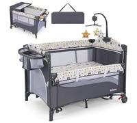 GOPLUS Lit Bébé Parapluie, avec Matelas, Table à Langer, Sac de Rangement, Lit Bébé de Voyage Pliable en Métal et Tissu Oxford, pour Enfants 0-3 Ans, Jusqu'à 15KG, 110x76x76CM (Gris)