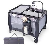 GOPLUS Lit Bébé Portable, Parc Bébé Multifonctionnel 3 en 1, Couffin Amovible, Table à Langer, Matelas, Jouets Suspendus, Boîte à Musique, Couffin Pliable, Sac de Transport (Gris)