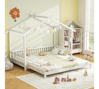 GOPLUS Lit Cabane Enfants，Lit Enfants 2 Place Plateforme Extensible, Lit Jumeuax avec Clôture, Design Bas au Sol, pour Adolescents, Filles et Garçons, Charge 150KG (Blanc,180x200CM)