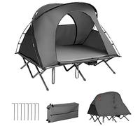 GOPLUS Lit de Camping Surélevé avec Matelas Auto-gonflant, Tente Double Toit 600D Imperméable avec Lit de Camp Sac de Transport à roulettes pour 2 Personnes, Charge Max 300kg (Gris)