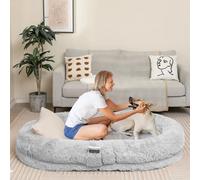 GOPLUS Lit Géant pour Chien Humain, en Fausse Fourrure Moelleuse, Couverture, Oreiller, Sangle, Coussin Orthopédique, Lit pour Chien Taille Humaine, pour Humains, 171 x 115 x 25cm (Gris)
