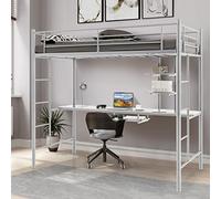 GOPLUS Lit Mezzanine en Métal avec Bureau, Lit Superposé 2 en 1 avec Poste de Travail, Étagères de Rangement, 2 Échelles et Garde-Corps, Cadre de Lit Superposé Chambre à Coucher et Dortoir(Blanc)