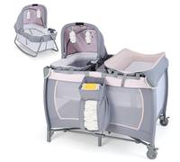 GOPLUS Lit Parapluie Bebe 5 en 1, Lit Bebe Evolutif de Voyage avec Parc, Table à Langer, roulettes Verrouillables et Sac de Transport, Boîte à Musique, 2 Jouets Mobiles, Charge 15KG (Rose)