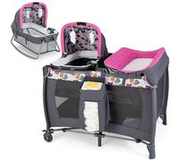 GOPLUS Lit Parapluie Bebe 5 en 1, Lit Bebe Evolutif de Voyage avec Parc, Table à Langer, roulettes Verrouillables et Sac de Transport, Boîte à Musique, 2 Jouets Mobiles, Charge 15KG (Fuchsia)