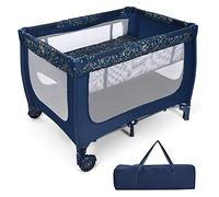 GOPLUS Lit Parapluie Bébé, Lit Bébé à Double Couche avec 2 roulettes & Freins, Berceau Bébé avec Côtés en Maille, Matelas, Sac de Rangement, pour Enfants 0-3 Ans Jusqu’à 15KG 125x65x76CM (Bleu)