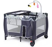 GOPLUS Lit Parapluie Bébé Pliable Portable avec Grande Contenance, Jouets, Roues avec Frein, Boîte à Musique Flash, Table à Langer, Sac sur Côté, Fonction 3 en 1 pour Bébé de 0 à 36 mois (Gris)